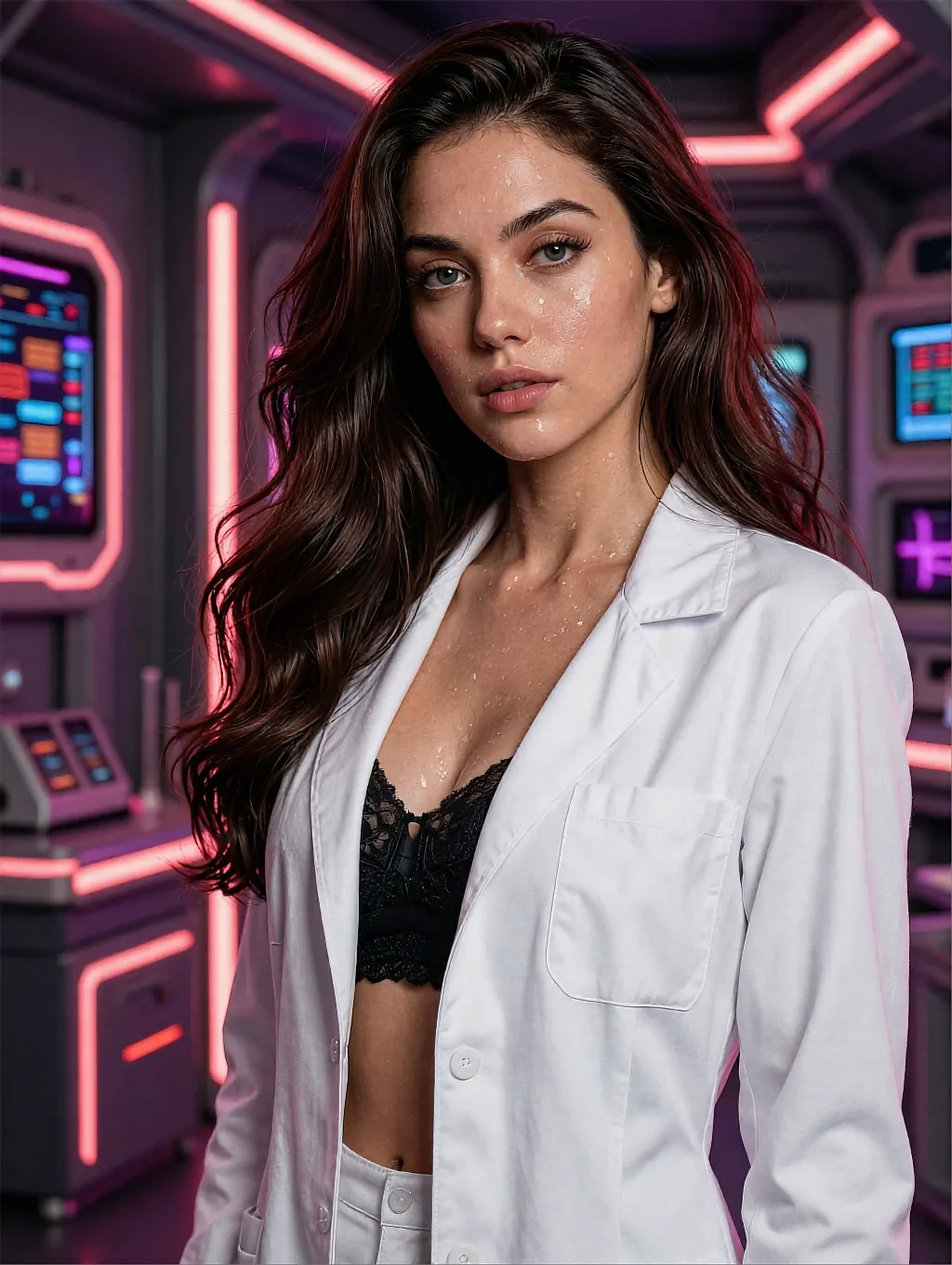 Fictional AI character featured on the second landing page, at a desk
